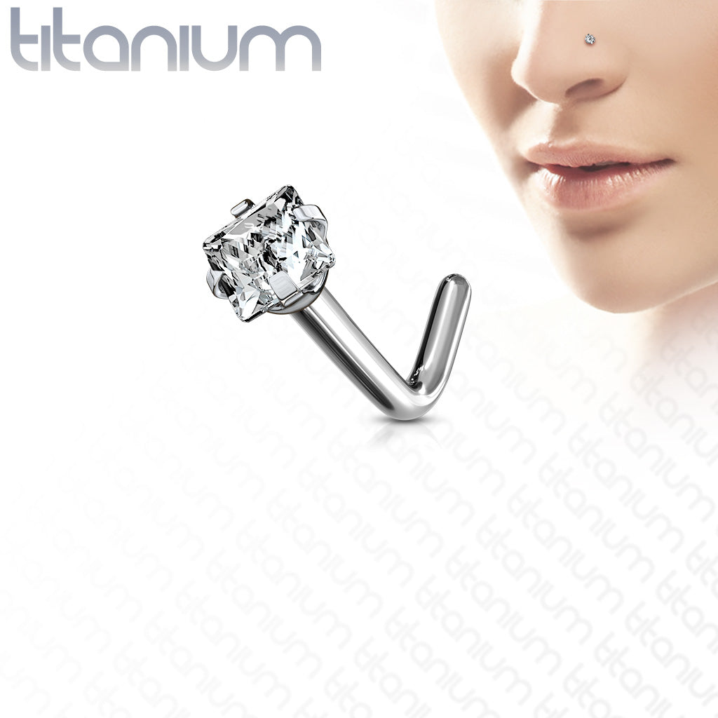 10pcs Implant Grade Titanium Prong Set Square CZ Gem L-Bend Nose Ring Stud Screw
