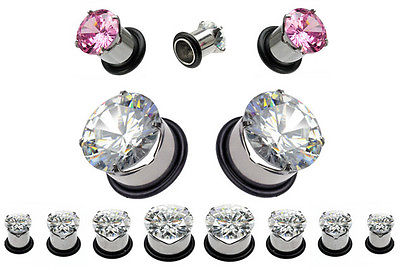 PAIR Prong Set CZ Gem w/O-rings Pink or Clear Bling Tunnels