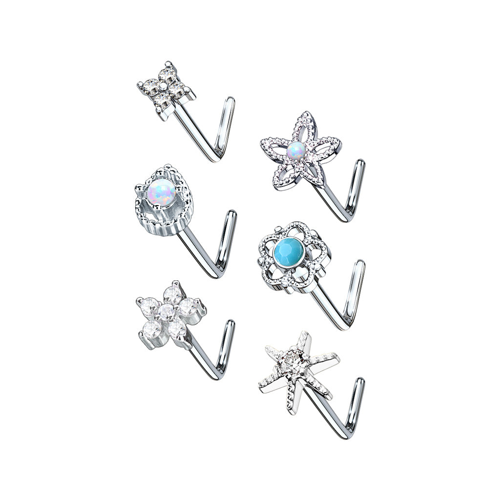 6pc Box Value Pack Opal / Turquoise / CZ Gem Shapes 20g Steel L-Bend Nose Rings