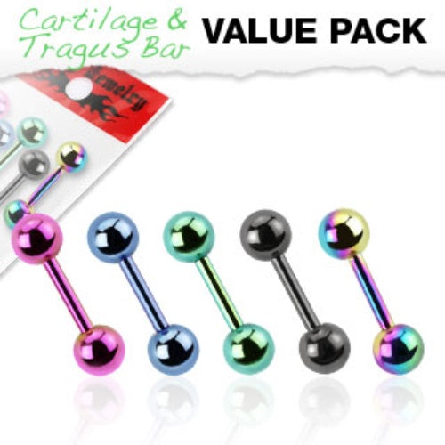 5pc Value Pack Titanium Plated Tragus Barbell Studs Cartilage Helix 16g 1/4" 6mm