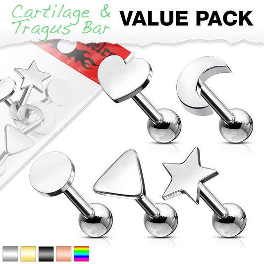 5pcs Shapes Tragus Rings Value Pack Cartilage Barbells Helix 16g Moon Star Heart