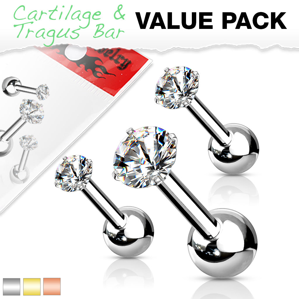3pcs CZ Gem Tragus Rings Value Pack Cartilage Barbells Helix 16g Piercing
