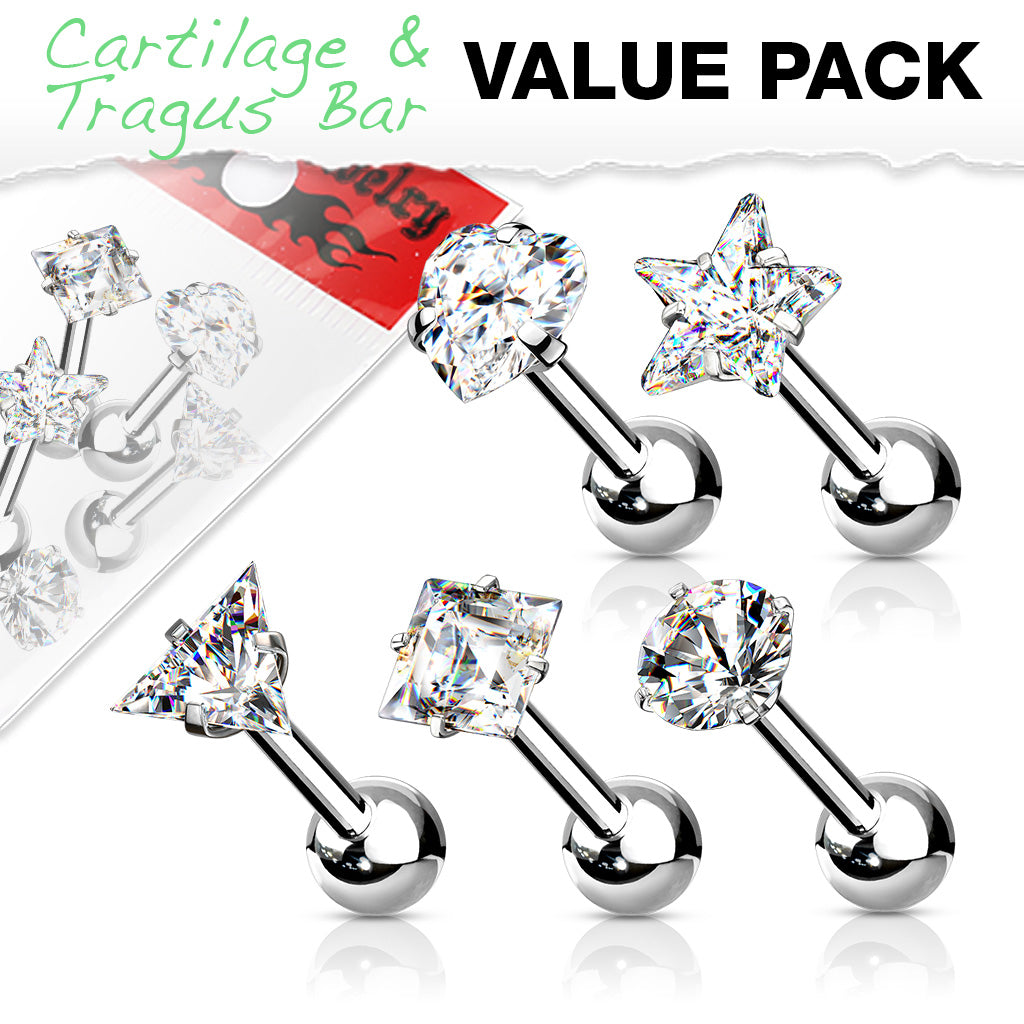 5pc CZ Gem Shapes Tragus Rings Value Pack Cartilage Barbells Helix 16g Piercing
