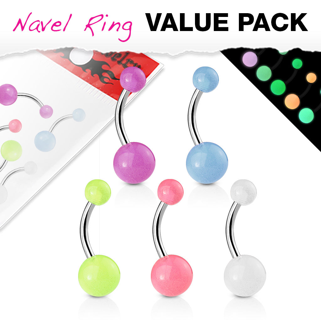 5pc Value Pack Glow in the Dark Belly Rings 14g Navel Naval Body Jewelry