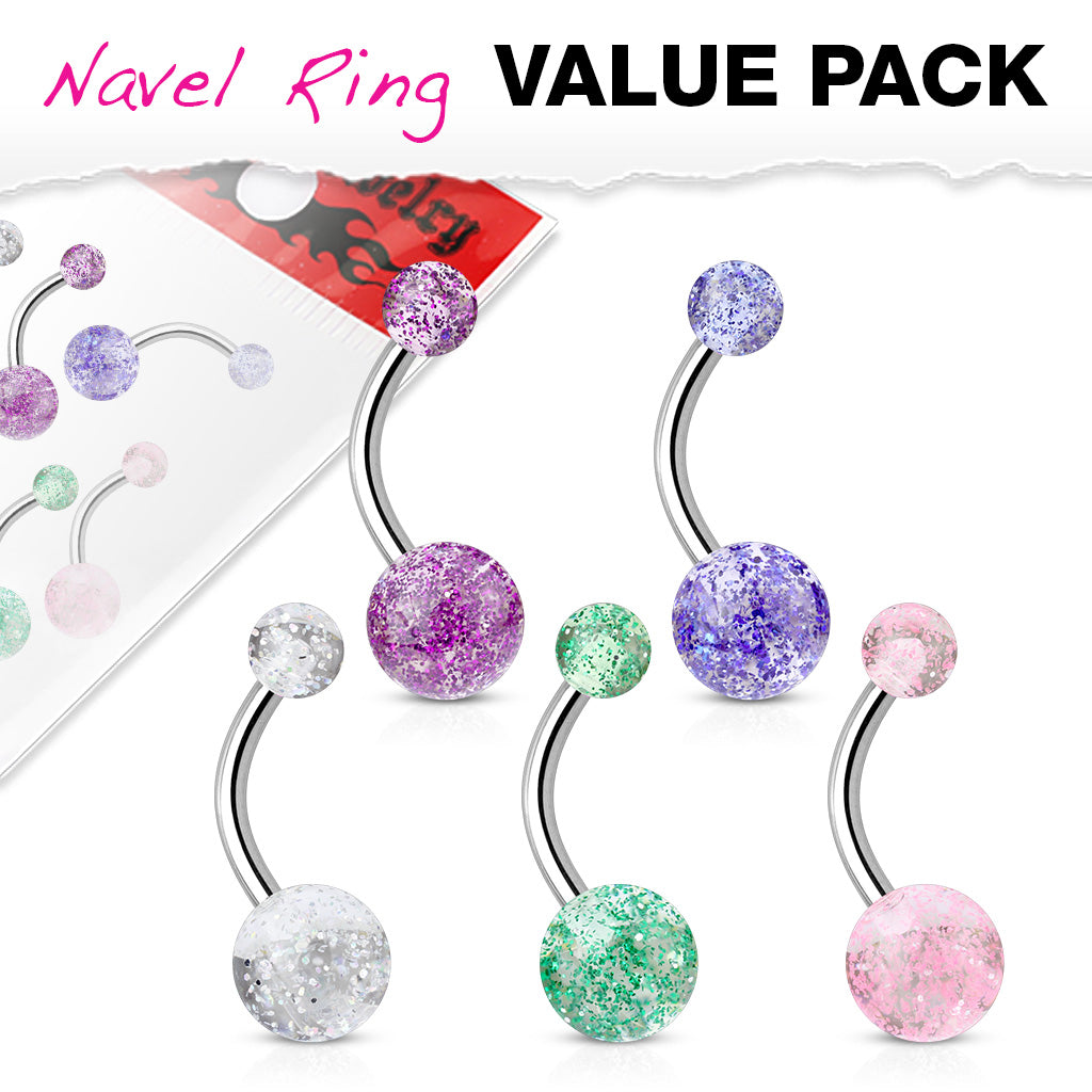 5pc Value Pack Ultra Glitter Belly Rings 14g Navel Naval Body Jewelry (B358)