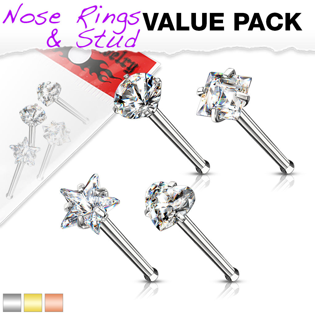 4pc Value Pack Prong Set Shaped Gem Steel Nose Studs Bones Rings