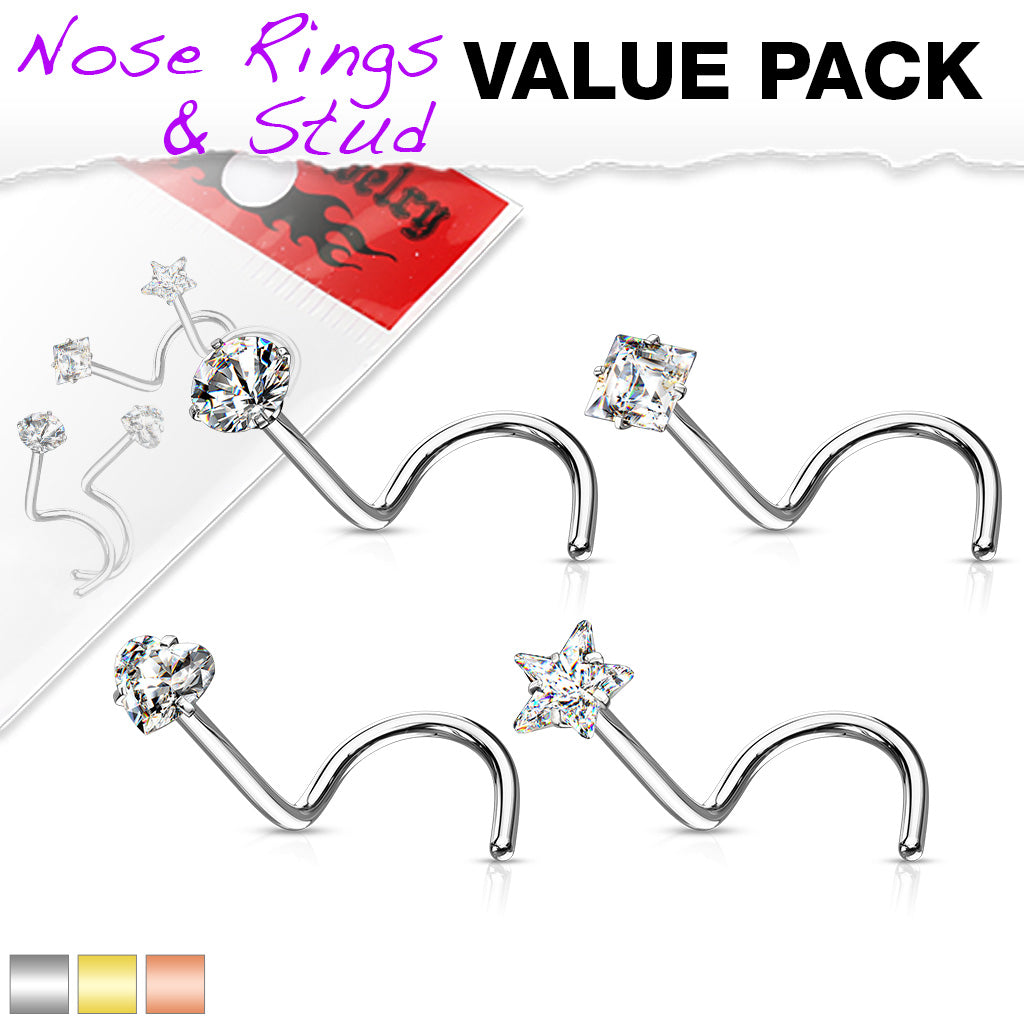 4pc Value Pack Prong Set Shaped Gem Steel Nose Screw Rings - choose 18g or 20g