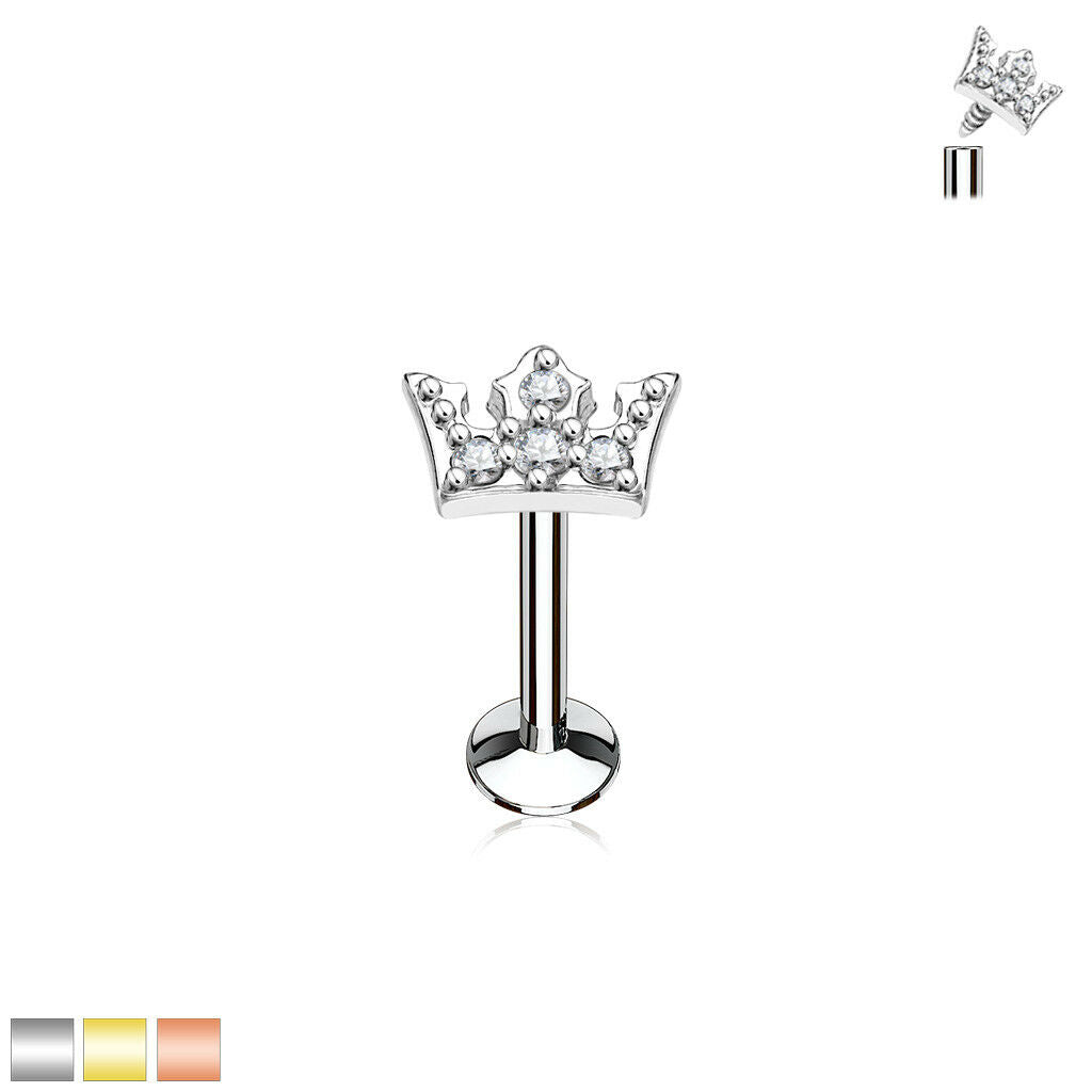 1pc CZ Gem Crown 16g Internally Threaded 1/4" or 5/16" Steel Labret Monroe