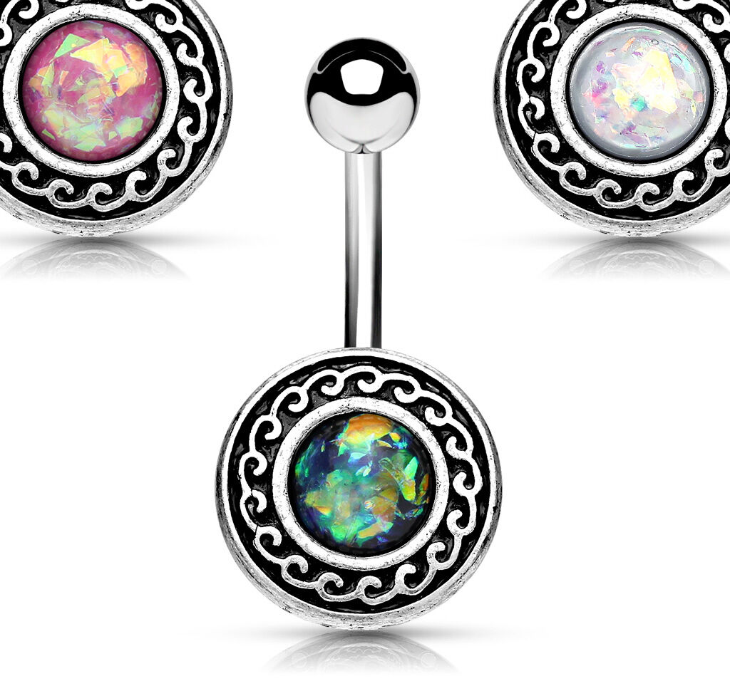 1pc Antique Silver Plated Tribal Shield w/ Opal Glitter Center Belly Navel Ring