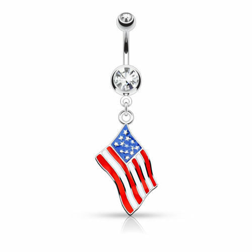 Flag Belly Ring 316L Surgical Steel Pierced Navel Naval Patriotic Country CZ Gem