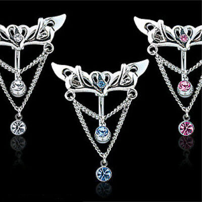 Reverse Wings W/ Heart CZ Gem Belly Ring Navel Naval Clear, Pink, Light Blue