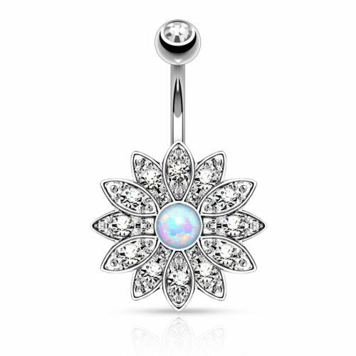 Paved Gems Flower Opal Belly Button Ring Pierced Navel IP 14kt Gold, Rose Gold