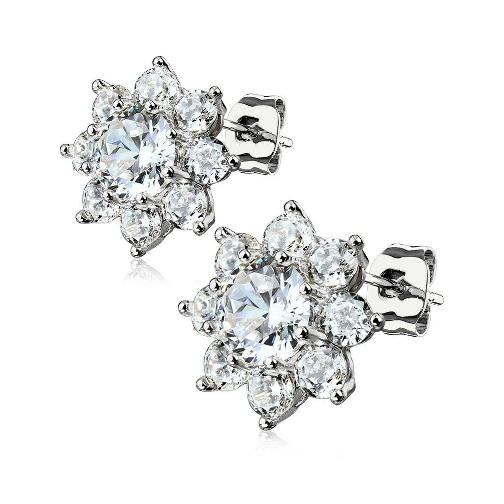 PAIR of Round CZ Flower 316L Surgical Steel Post 20g Earrings Studs