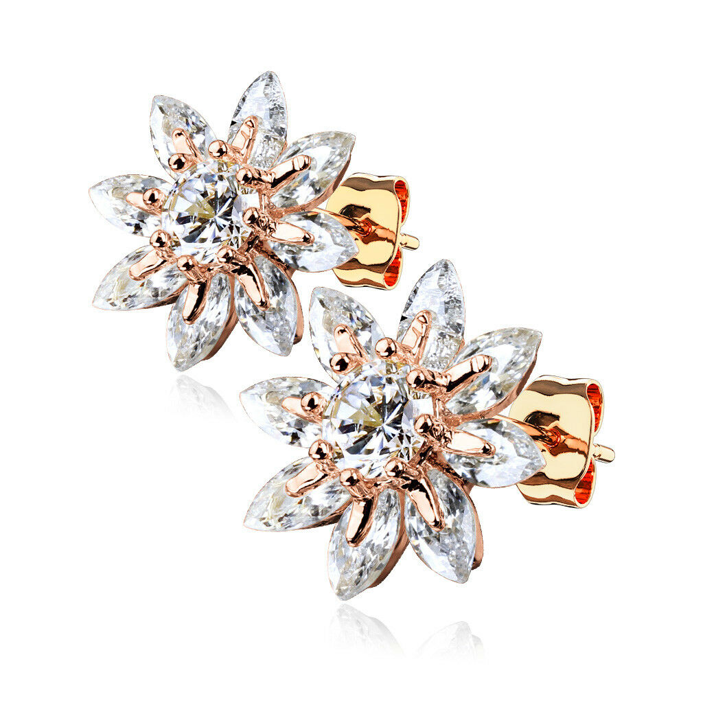 PAIR of Marquise CZ Flower 316L Surgical Steel Post 20g Earrings Studs