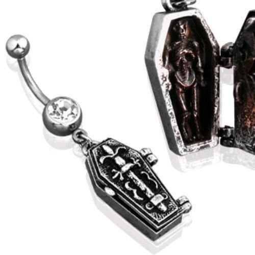 Coffin Dangle Belly Ring Pierced Navel Hinge Skeleton Halloween Gothic