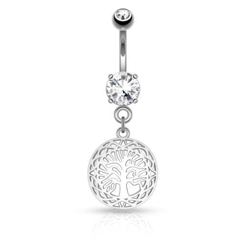 1pc Tree of Life Dangle w/Round CZ Pierced Belly Navel Naval Ring