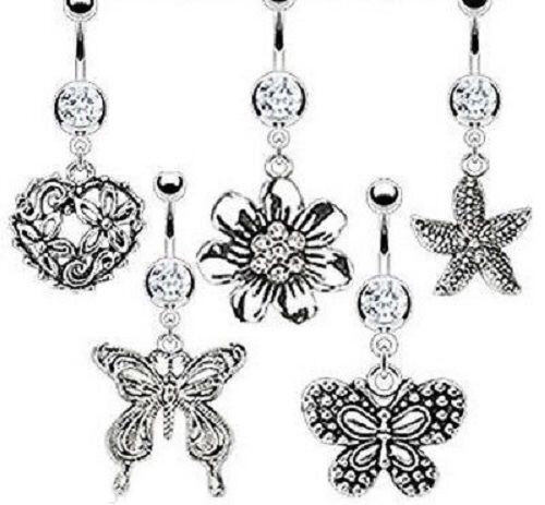 1pc Vintage Dangle Cast Belly Ring Pierced Navel Heart, Flower, Butterfly, Star