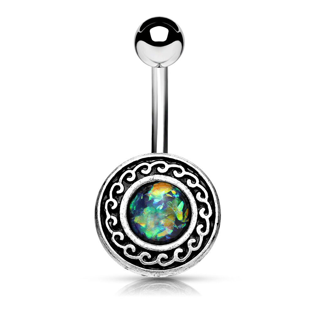 1pc Antique Silver Plated Tribal Shield w/ Opal Glitter Center Belly Navel Ring