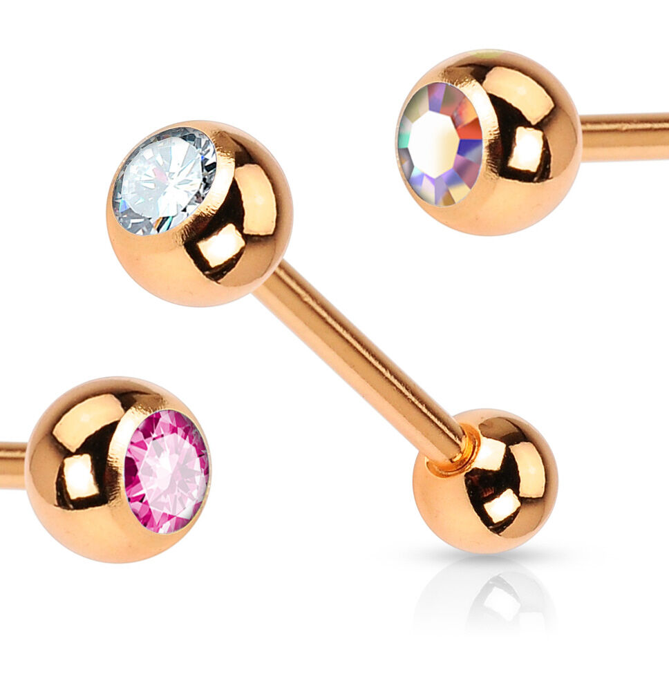 1pc Gem Ball Rose Gold Ion Plated 316L Surgical Steel Tongue Ring Tounge Barbell