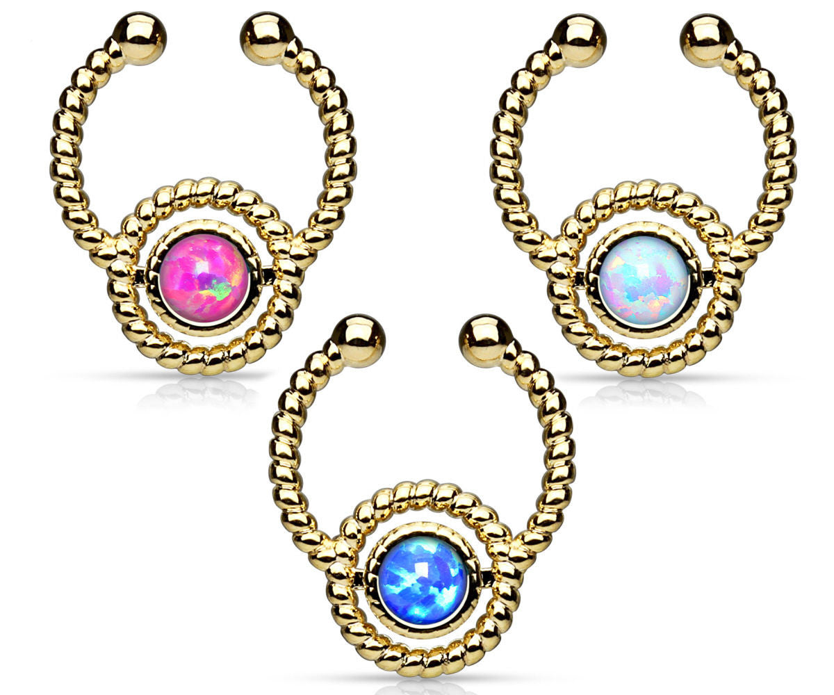 1pc NON-Piercing Gold Roped Circle Design Septum Hanger w/Opal