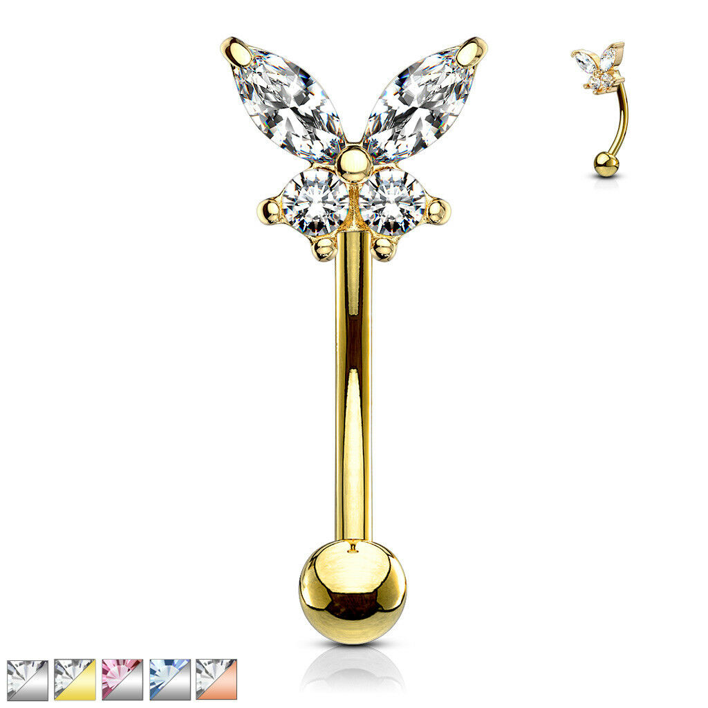 1pc Eyebrow Ring w/ Prong Set CZ Gem Butterfly 16g Curved Barbell 16 Gauge