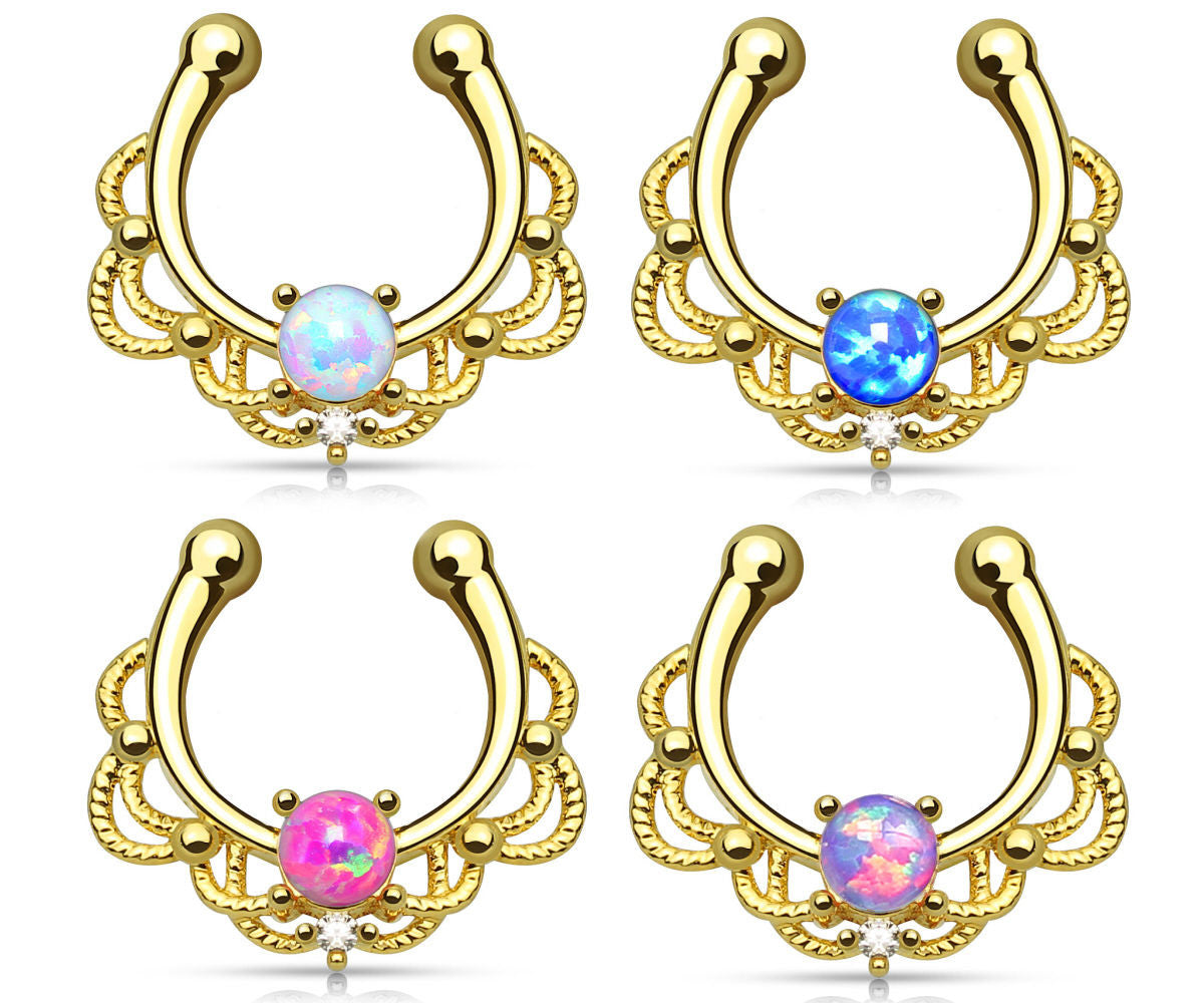 1pc Non-Piercing 14kt Gold Plated Lacey Single Opal Septum Hanger