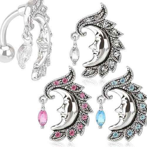 1pc Reverse Crescent Moon Face Belly Ring Marquise CZ Gem Pierced Navel Topdown