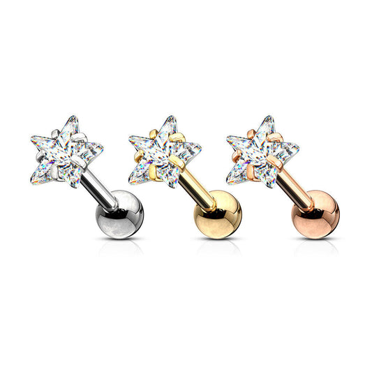 3pc Value Pack Star CZ Gem Ion Plated Tragus Stud Helix Cartilage Ring Earring 16g 1/4"