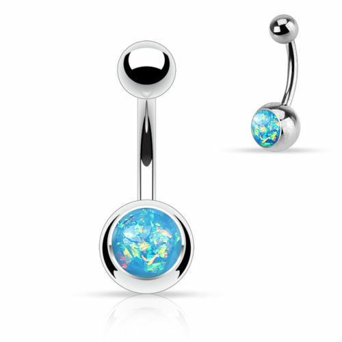 Solitaire Opal Glitter Gem Belly Ring 316L Surgical Steel Navel Naval