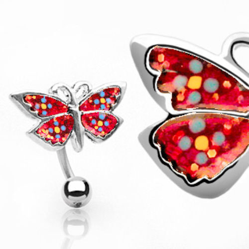 Reverse Red Butterfly Bananabell Belly Ring Pierced Navel Top Down