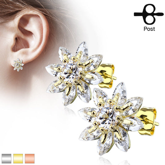PAIR of Marquise CZ Flower 316L Surgical Steel Post 20g Earrings Studs