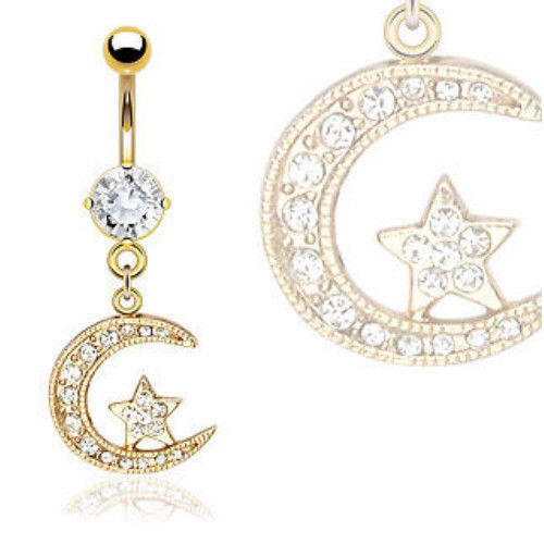 Gold Moon CZ Clear Gem Dangle Belly Ring Navel