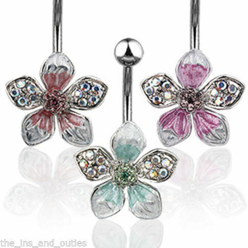 1pc Tropical Flower Gem Belly Ring Navel Naval Pink, Green, Purple, Red