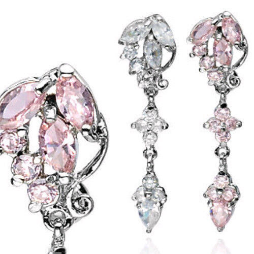 Reverse Cluster Multi Gem Belly Ring Navel Naval Clear, Pink