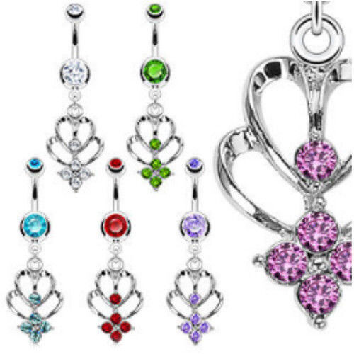 1pc Double Heart Shrine Gem Belly Ring Navel Green, Pink, Red, Aqua, Purple