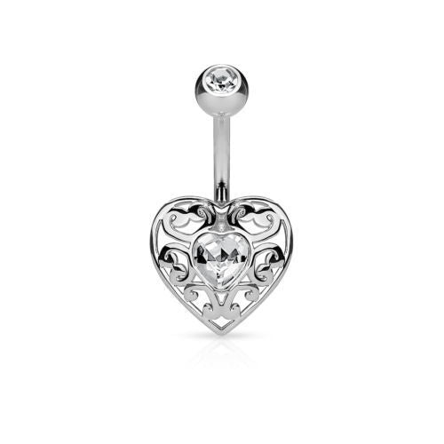 1pc Vintage Filigree Heart w/Crystal Belly Button Ring Pierced Navel Naval