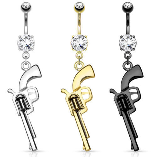 1pc Gun Dangle Belly Ring CZ Gem Pierced Navel Stainless Steel, IP Gold, Hematite