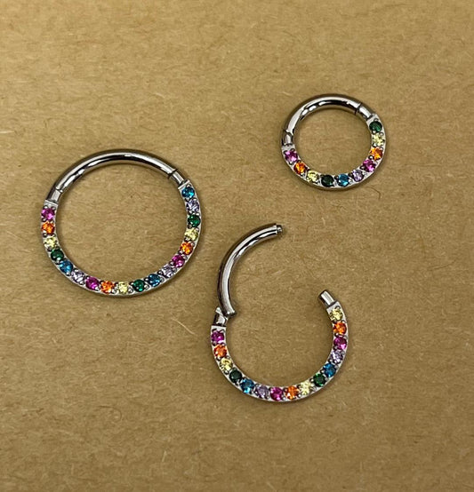 1pc Hinged Segment Ring Rainbow CZ Gems Front Septum Hoop Pride Helix Daith 16g