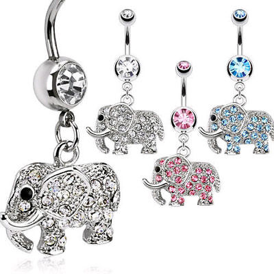 Elephant Dangle Belly Ring Paved CZ Gems Pierced Navel Naval Tusk 14g