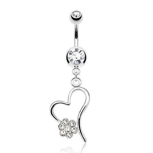 1pc Hollow Heart w/CZ Gem Paved Flower Dangle Belly Ring Navel Naval