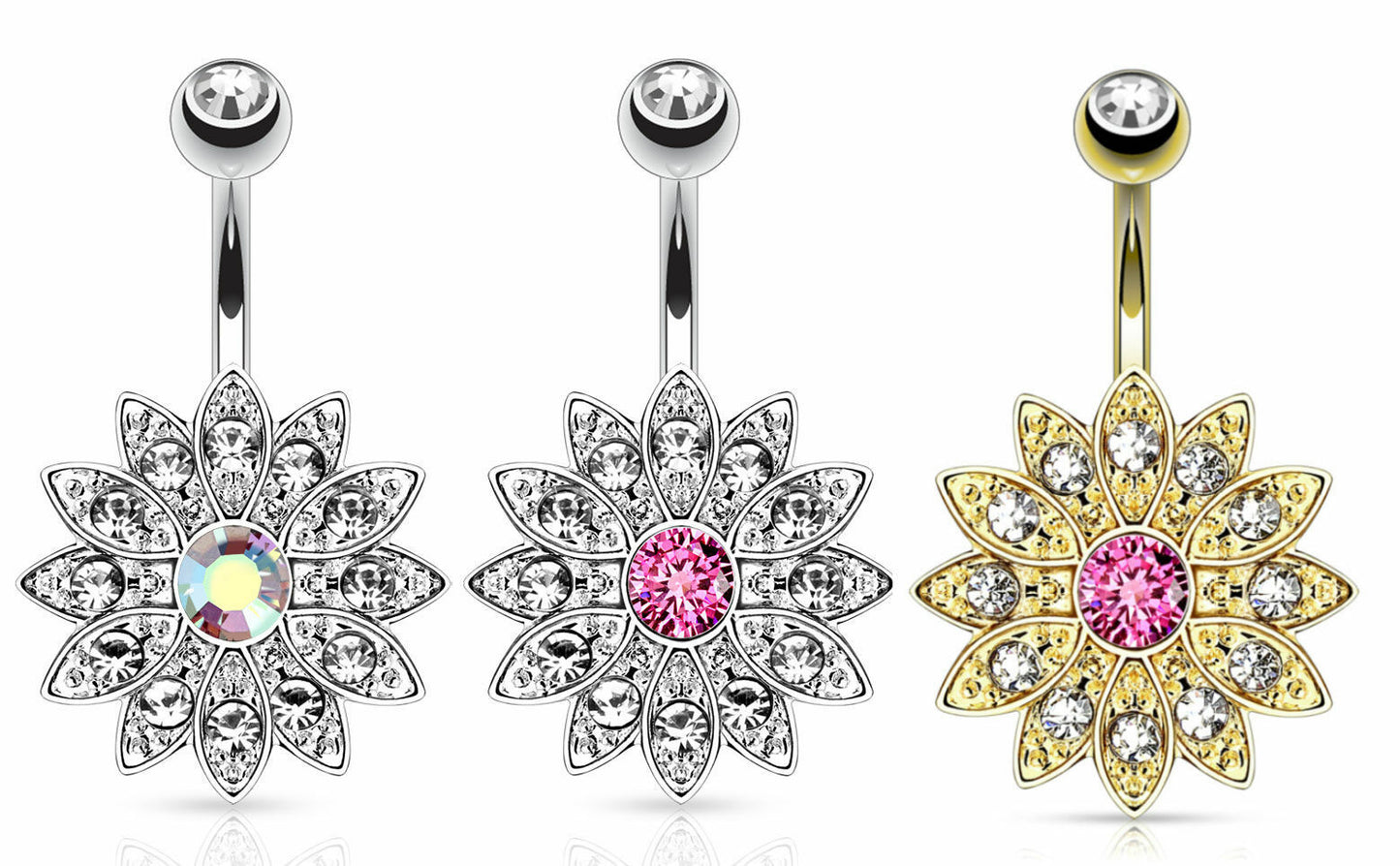 1pc Flower w/ Center Crystal Paved Petals Belly Button Ring Pierced Navel