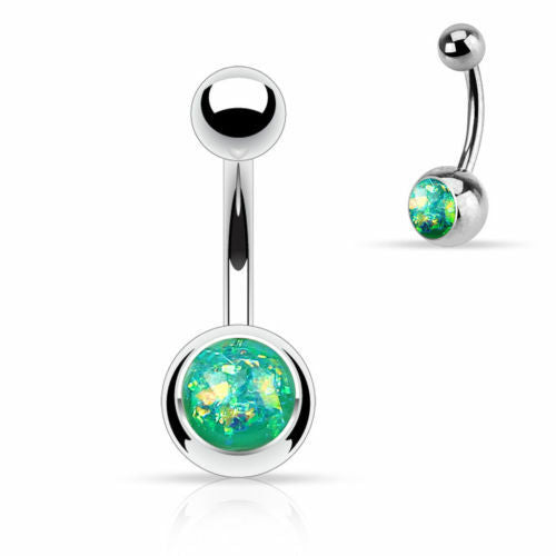 Solitaire Opal Glitter Gem Belly Ring 316L Surgical Steel Navel Naval