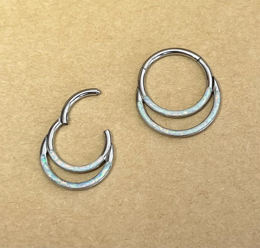 1pc Double Opal Lined Front Hinged Segment Ring Steel Septum Hoop Helix Daith