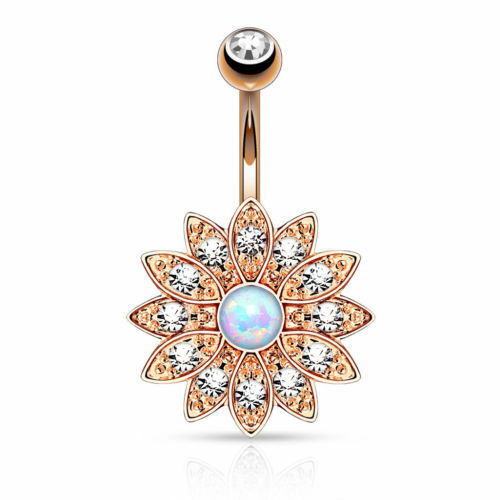 Paved Gems Flower Opal Belly Button Ring Pierced Navel IP 14kt Gold, Rose Gold