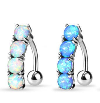 Reverse 4 Opal Stone Belly Ring Pierced Navel Naval Clear, Blue, Green