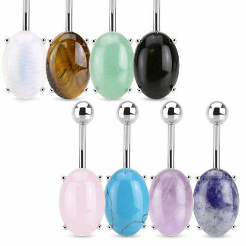 1pc Oval Semi Precious Stone Belly Ring Pierced Navel Naval Jewelry Prong Set 14g