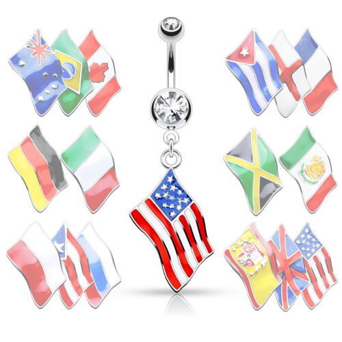 Flag Belly Ring 316L Surgical Steel Pierced Navel Naval Patriotic Country CZ Gem