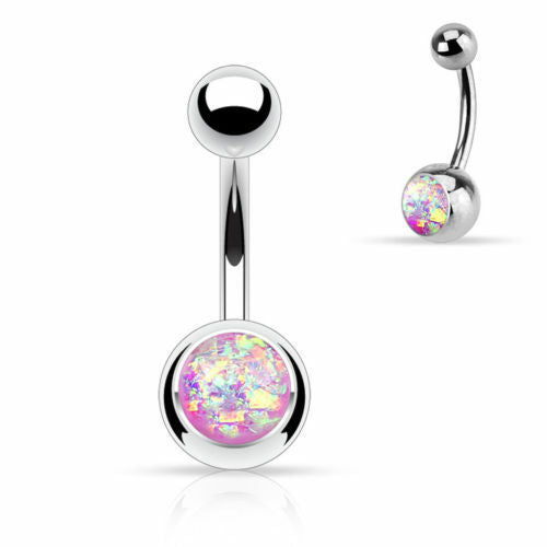 Solitaire Opal Glitter Gem Belly Ring 316L Surgical Steel Navel Naval