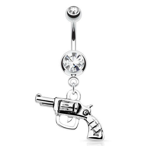 Gun Dangle Belly Ring CZ Gem Prong Set 316L Surgical Steel Pierced Navel