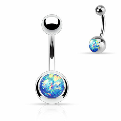 Solitaire Opal Glitter Gem Belly Ring 316L Surgical Steel Navel Naval